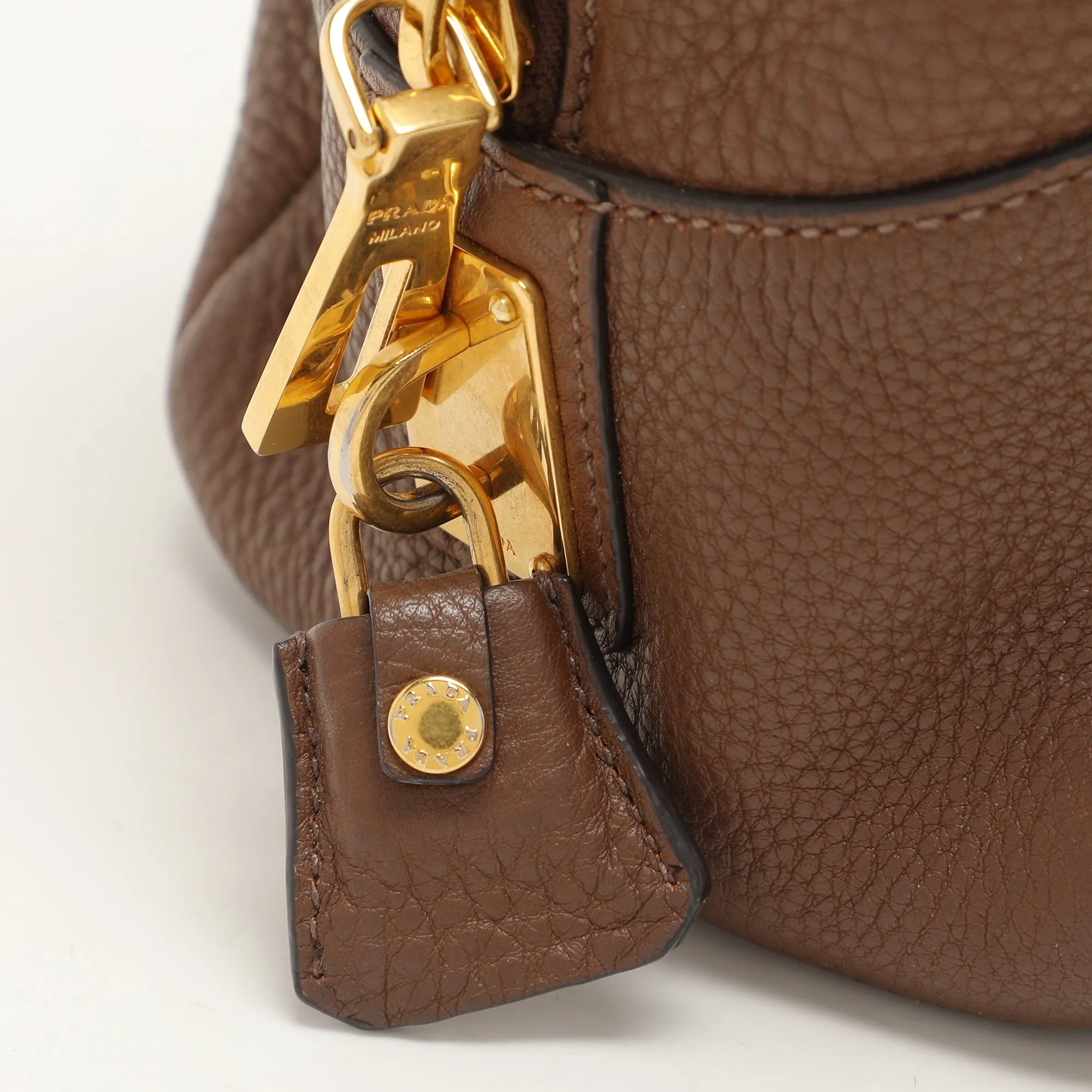 Prada Brown Pebbled Leather Bauletto Satchel
