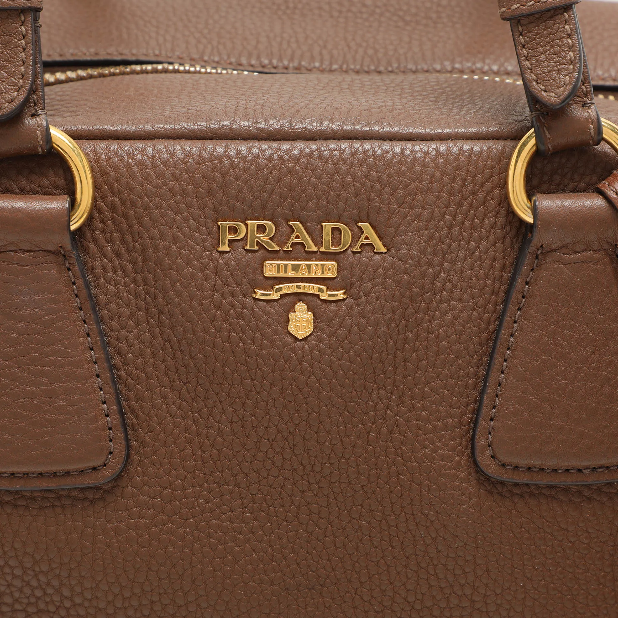 Prada Brown Pebbled Leather Bauletto Satchel