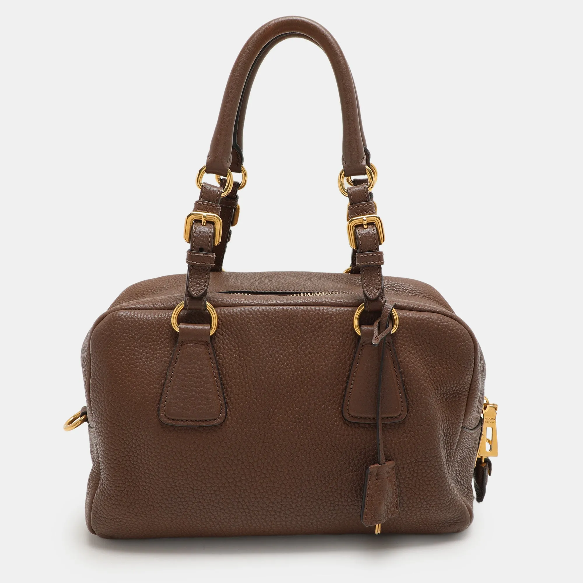 Prada Brown Pebbled Leather Bauletto Satchel