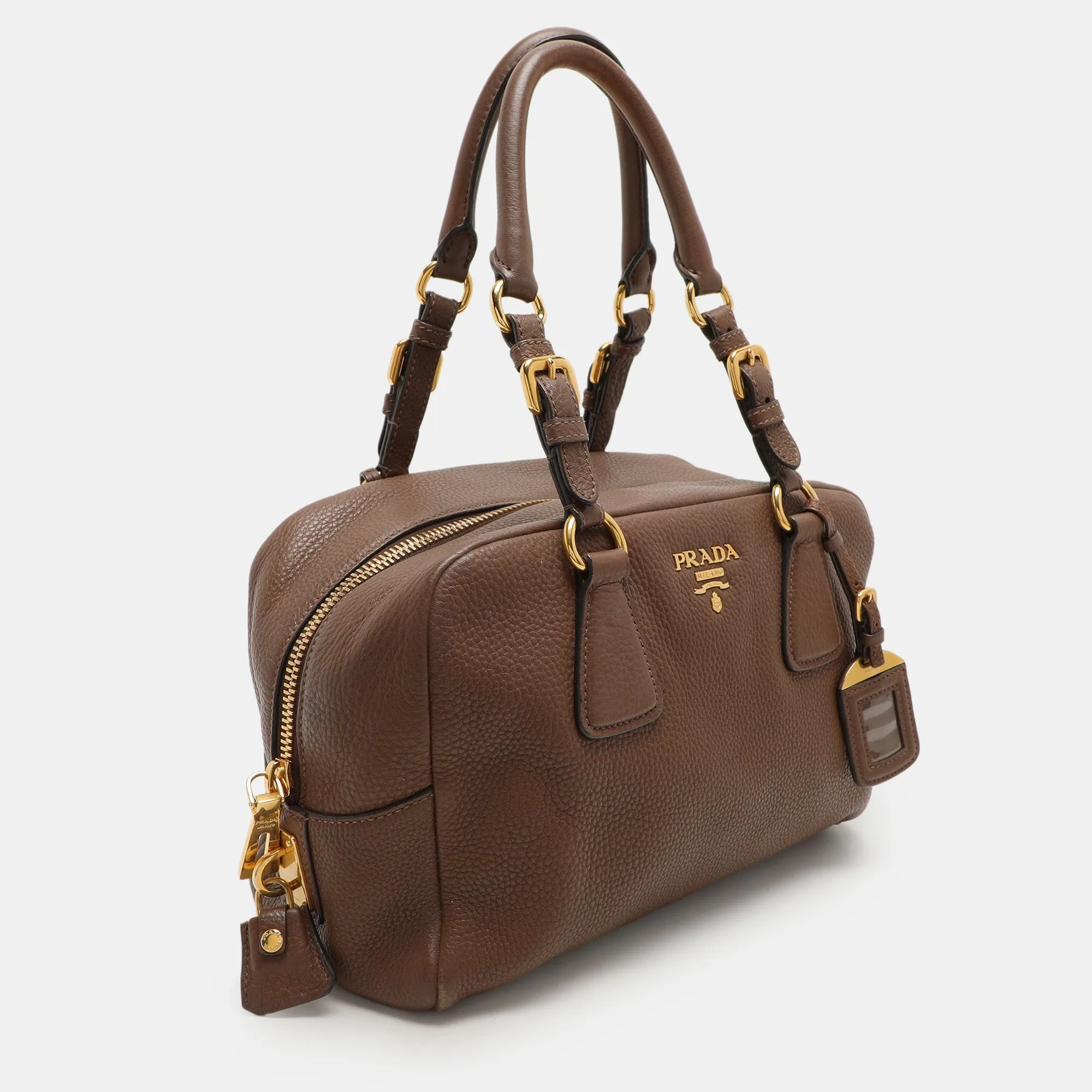 Prada Brown Pebbled Leather Bauletto Satchel