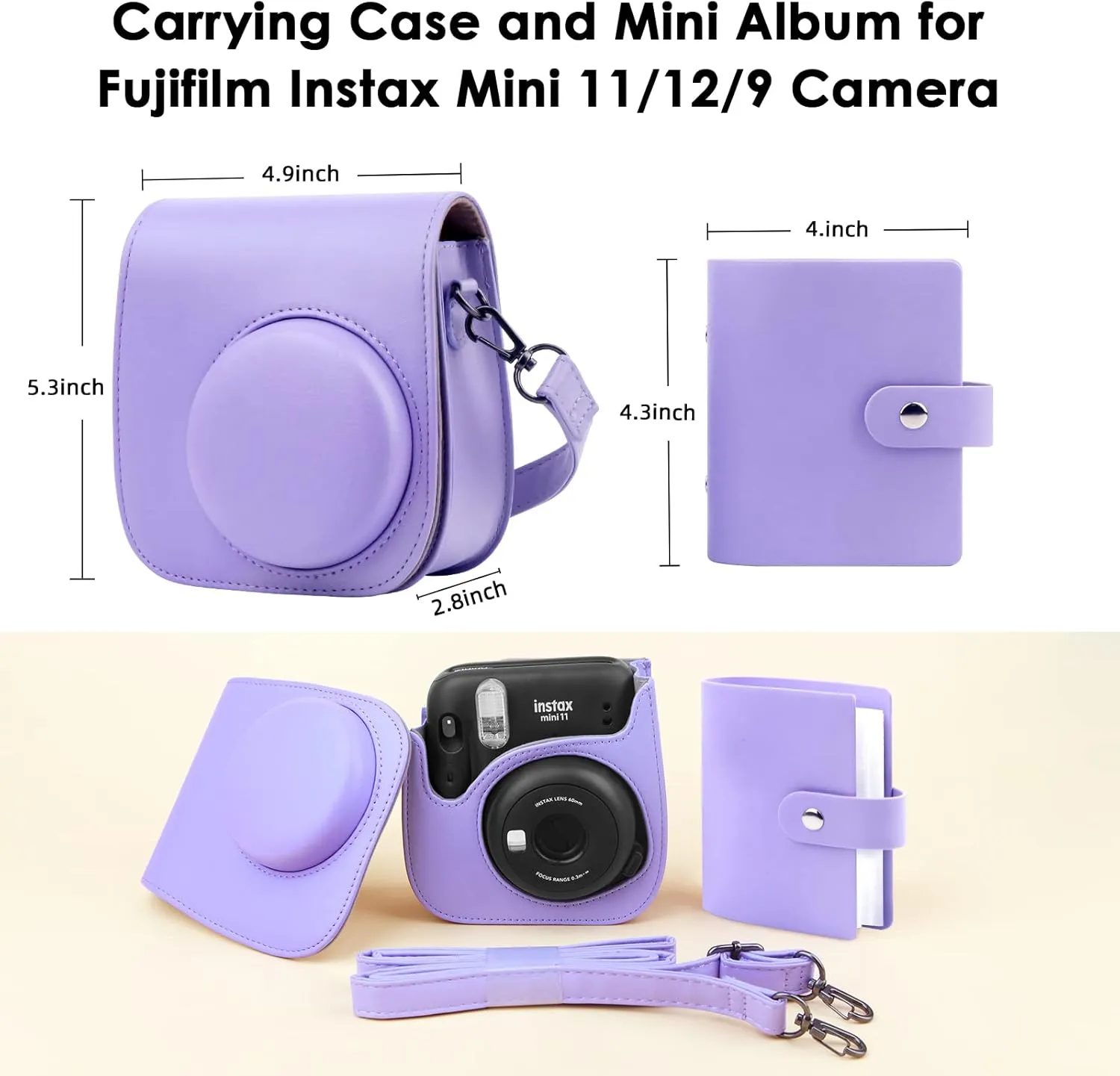 Protective Camera Case for Fujifilm Instax Mini 11, 12, 9 Instant Cameras, with Instax Mini Album.PU Leather Bag Cover with Removable Adjustable Strap (Purple)