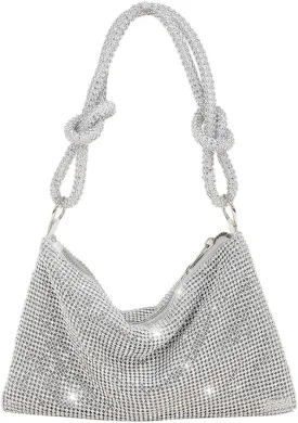 Rhinestone Purses for Women Chic Sparkly Evening Handbag Bling Hobo Bag Shiny Silver Clutch Purse for Party