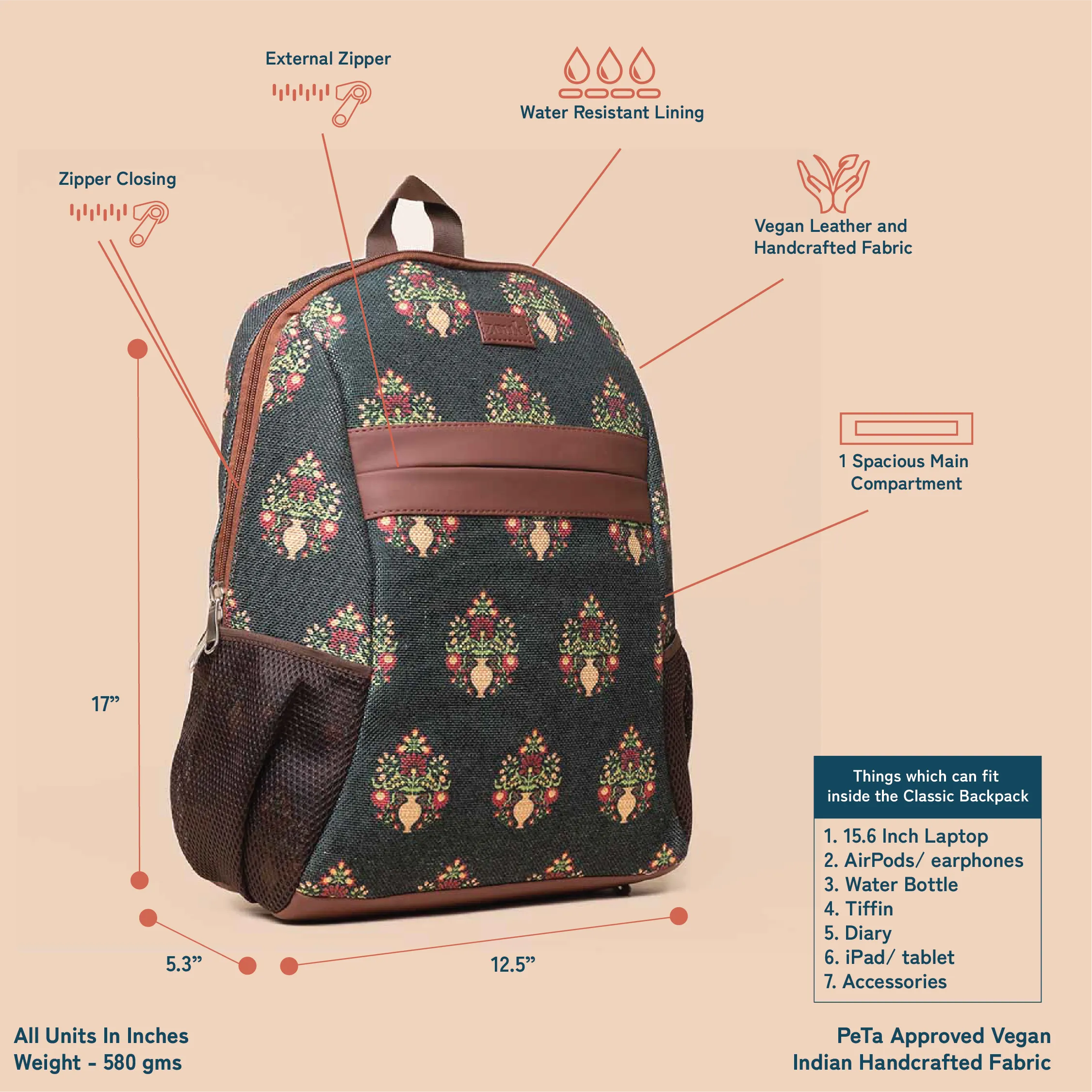 Royal Green Mogra Print Classic Backpack