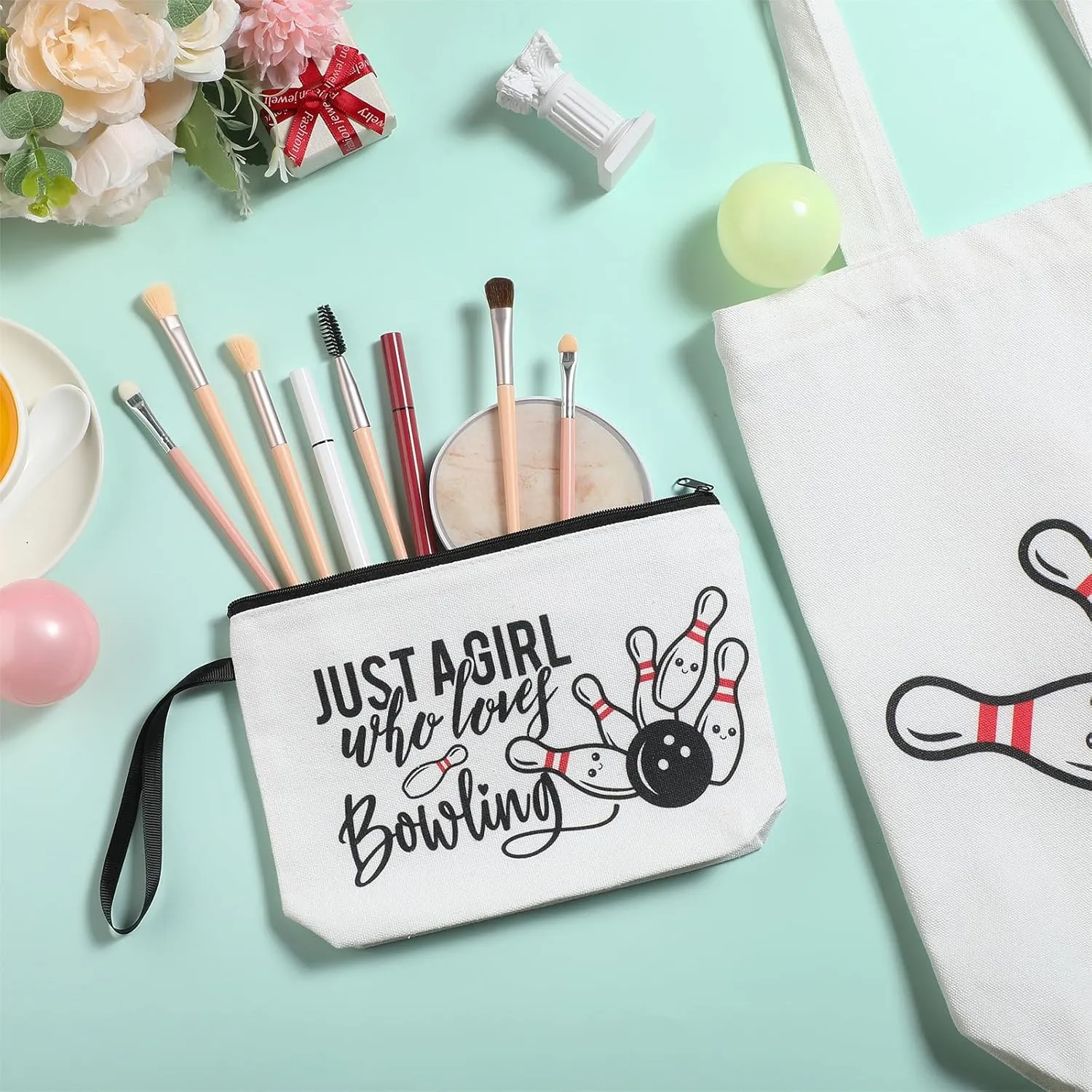 Sieral 2 Pcs Bowling Lover Gifts Bowling Ball Makeup Bag with Tote Bag for Women Gifts