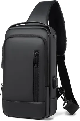Sling Bag for Men | Anti-theft Crossbody Bag USB PU Leather Shoulder Bag Chest Bag for Daily use Waterproof Lightweight One Strap Backpack, Black