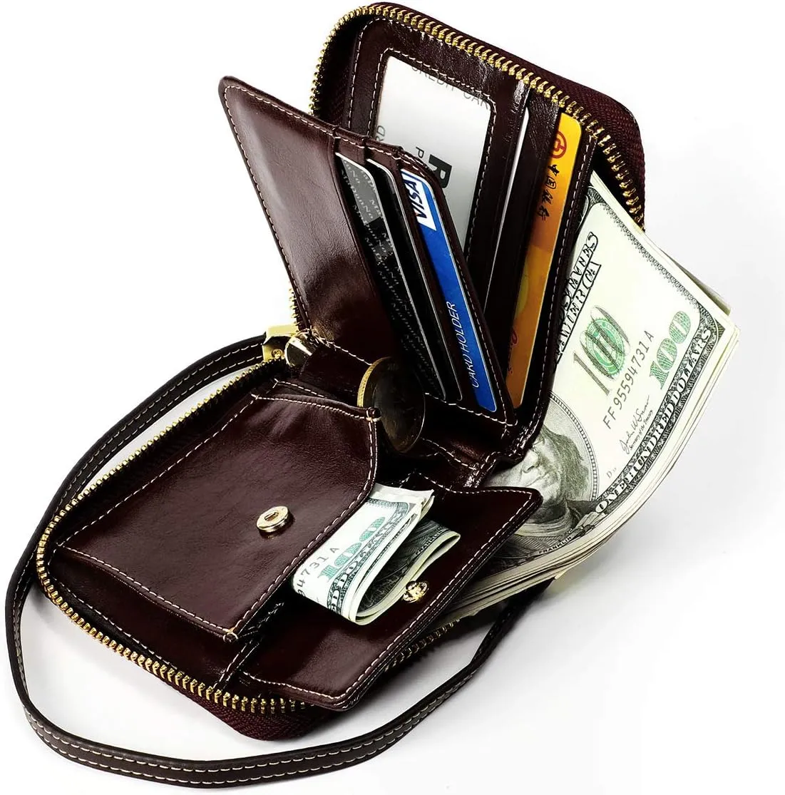 Small Womens Wallet, RFID Blocking Genuine Leather Purse Zip Around Credit Card Holder Purse Clutch Wallet with Wristlet (Dark brown)