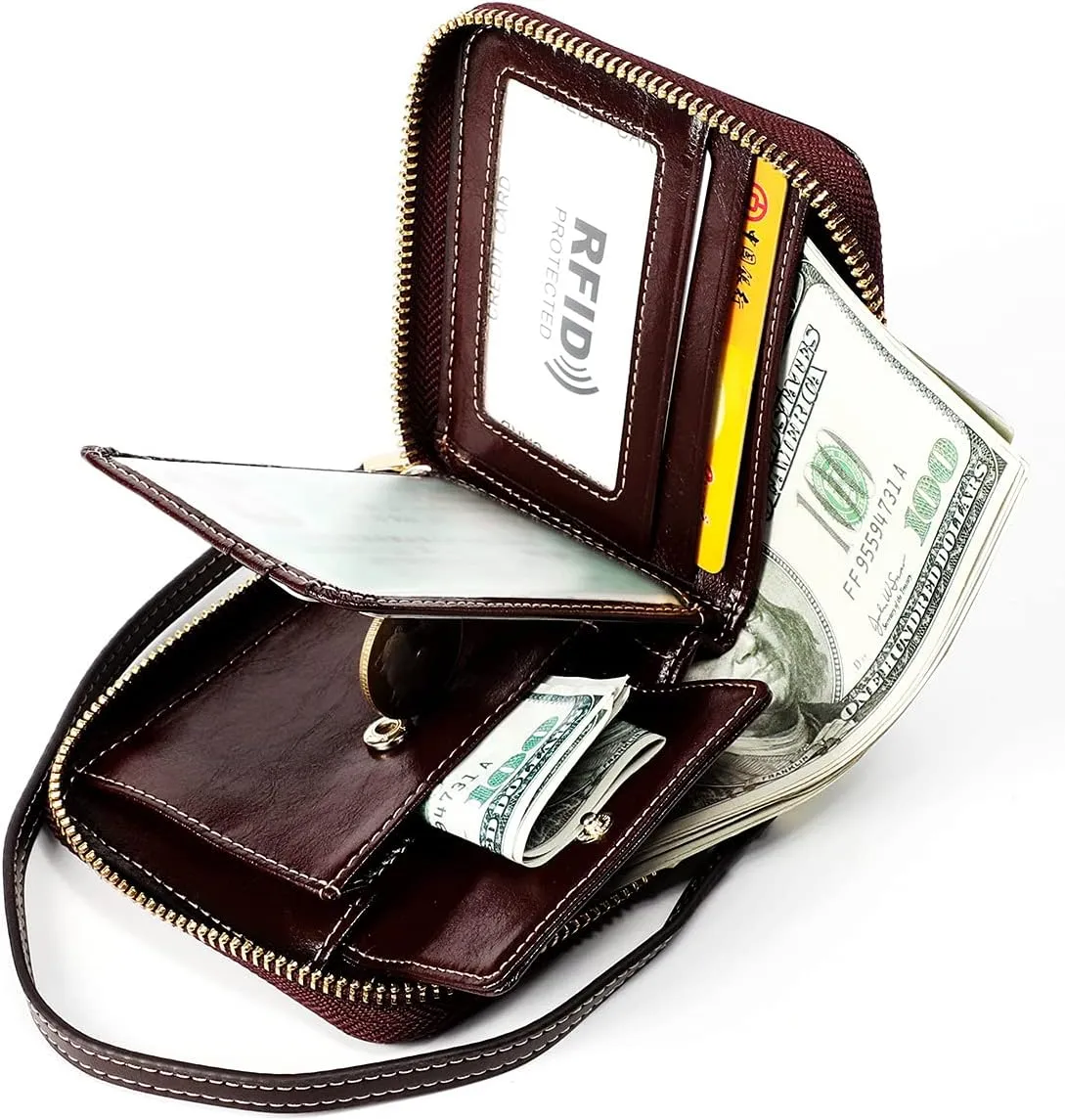 Small Womens Wallet, RFID Blocking Genuine Leather Purse Zip Around Credit Card Holder Purse Clutch Wallet with Wristlet (Dark brown)