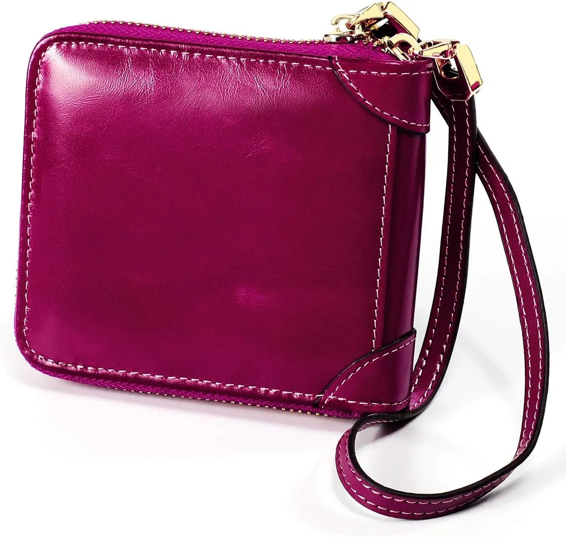 Small Womens Wallet, RFID Blocking Genuine Leather Purse Zip Around Credit Card Holder Purse Clutch Wallet with Wristlet