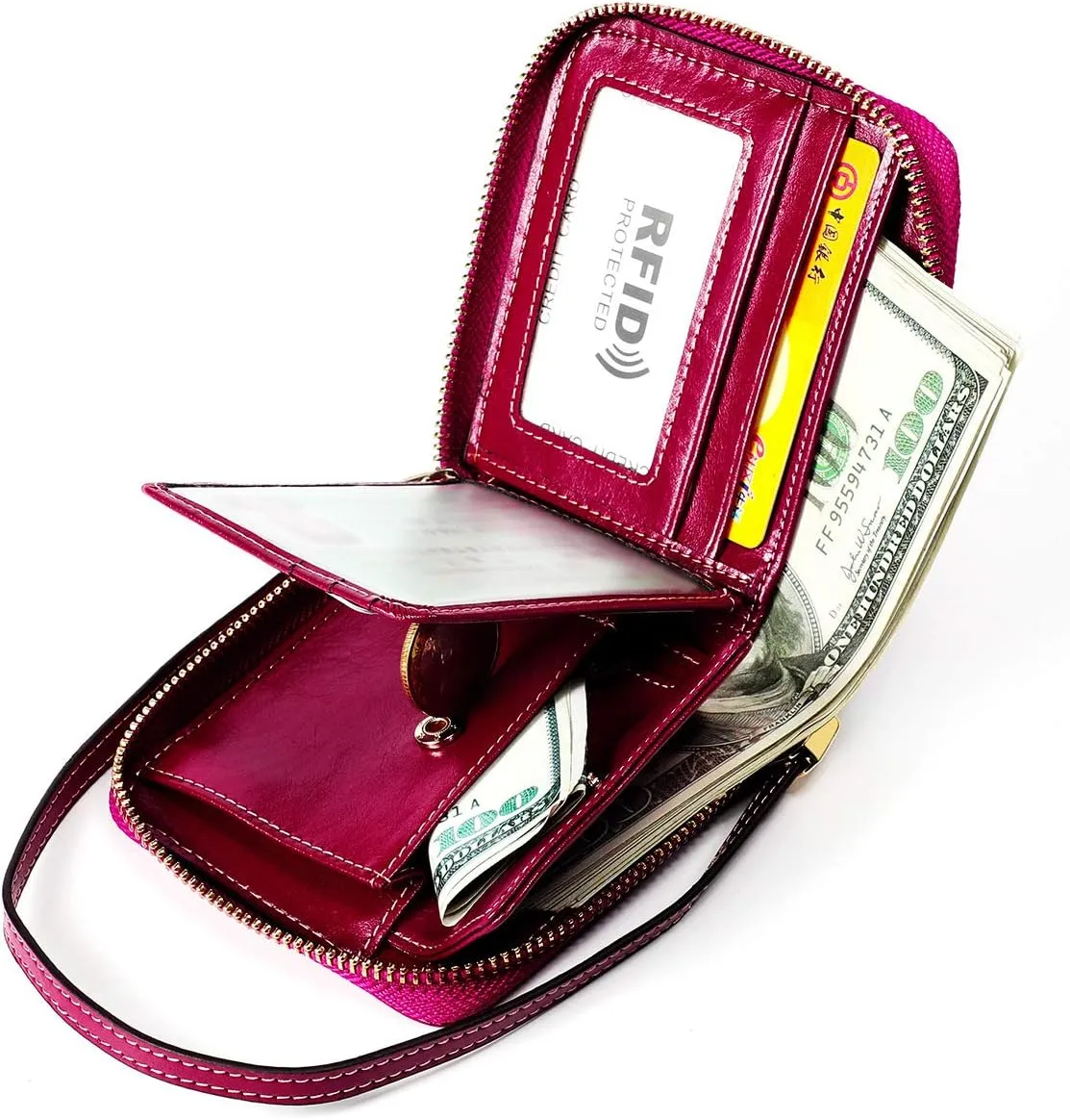 Small Womens Wallet, RFID Blocking Genuine Leather Purse Zip Around Credit Card Holder Purse Clutch Wallet with Wristlet