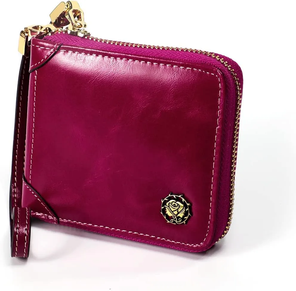 Small Womens Wallet, RFID Blocking Genuine Leather Purse Zip Around Credit Card Holder Purse Clutch Wallet with Wristlet