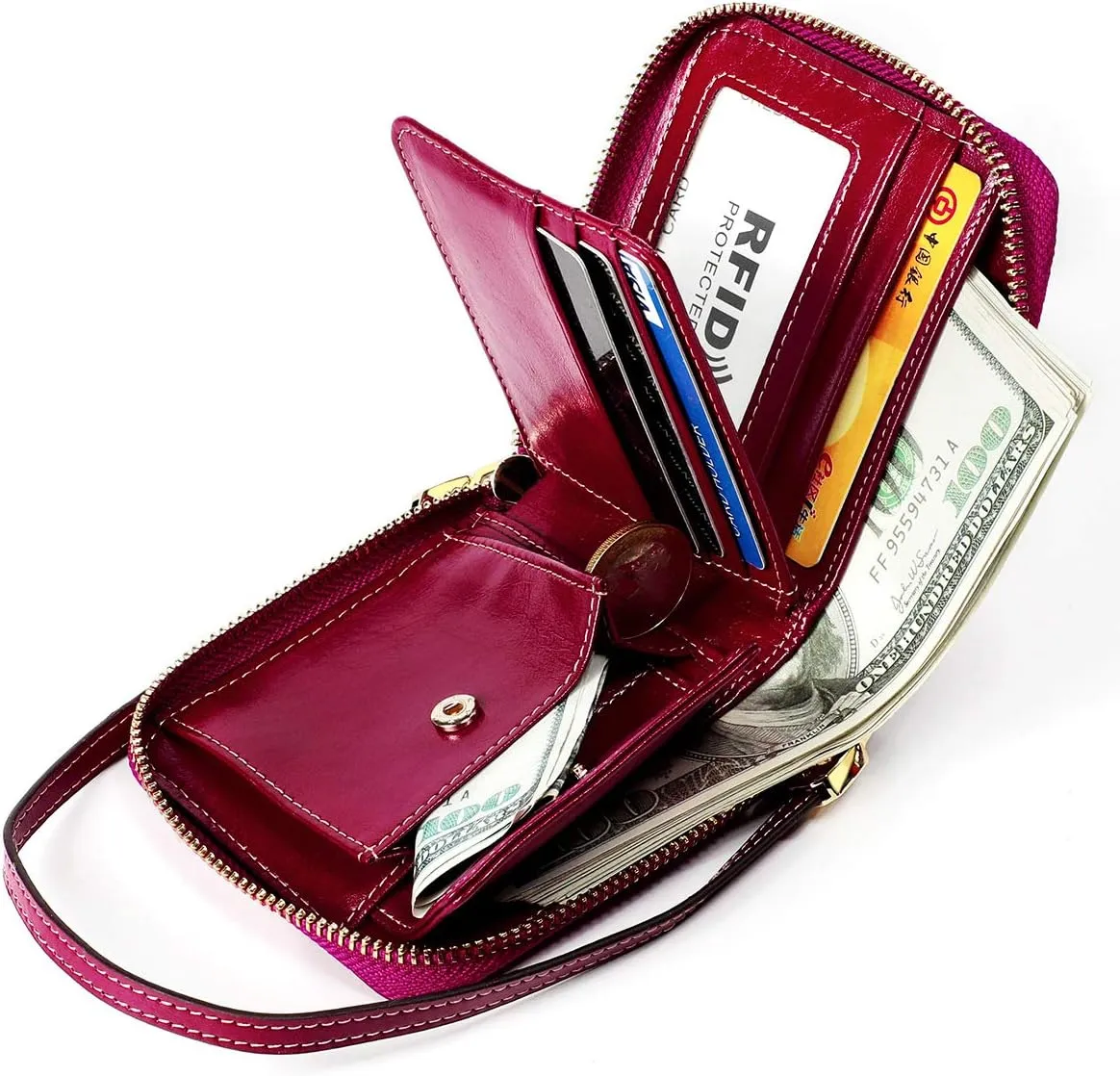 Small Womens Wallet, RFID Blocking Genuine Leather Purse Zip Around Credit Card Holder Purse Clutch Wallet with Wristlet