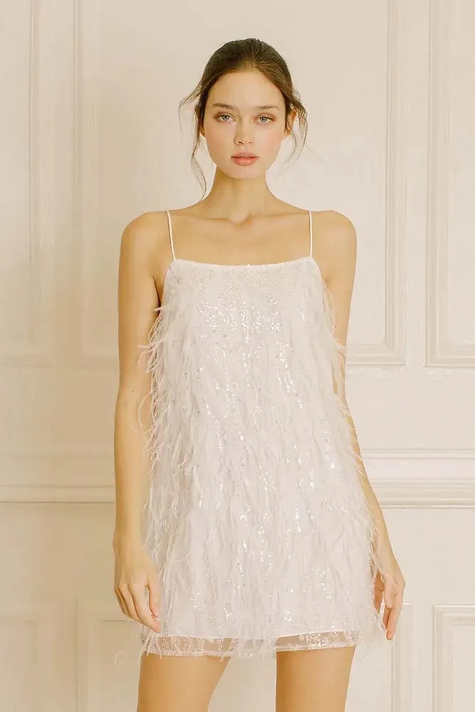 Storia Sequined Beaded Flowers and Feather Mini Dress