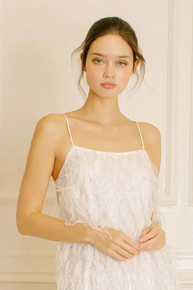 Storia Sequined Beaded Flowers and Feather Mini Dress
