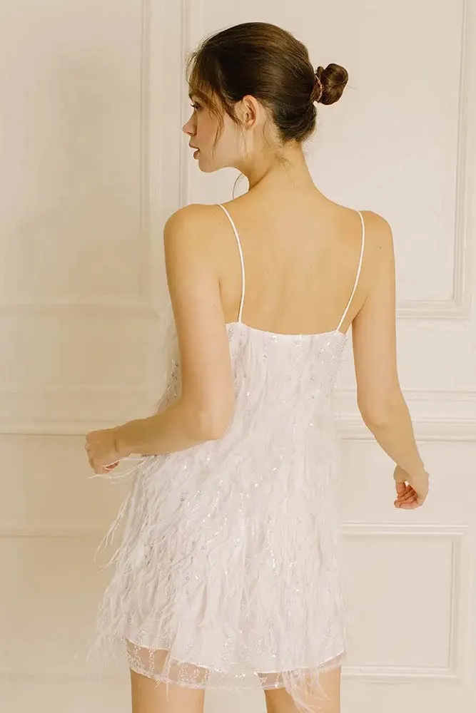 Storia Sequined Beaded Flowers and Feather Mini Dress