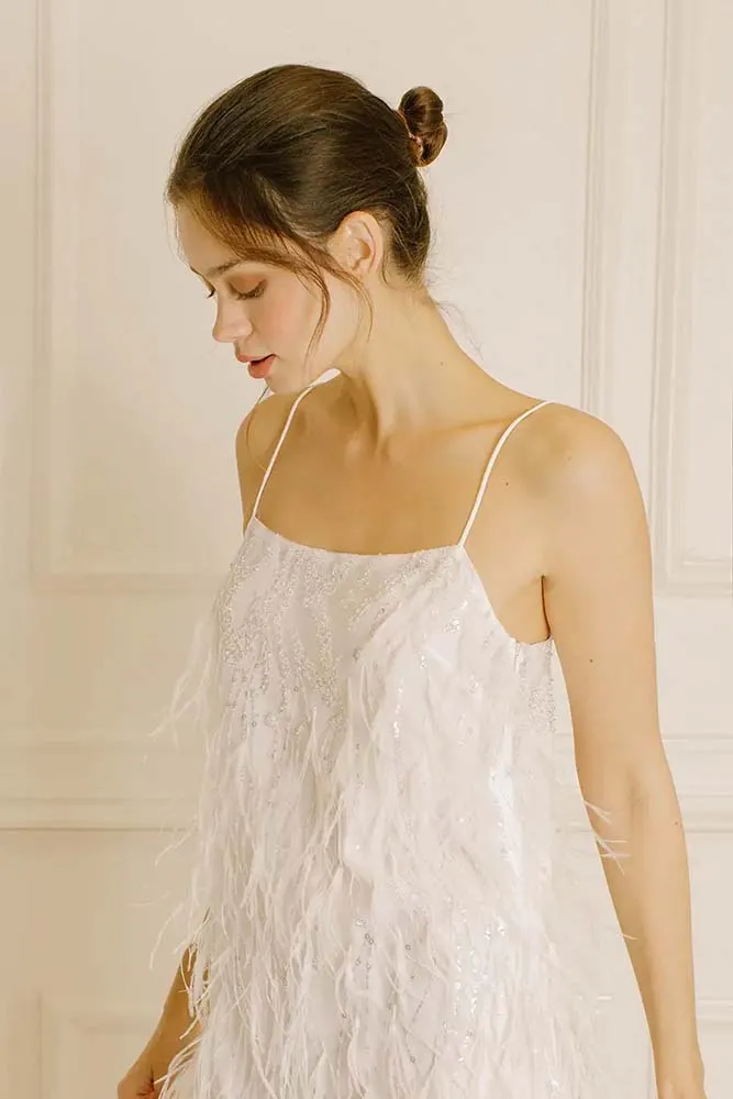 Storia Sequined Beaded Flowers and Feather Mini Dress