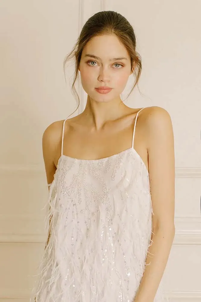 Storia Sequined Beaded Flowers and Feather Mini Dress