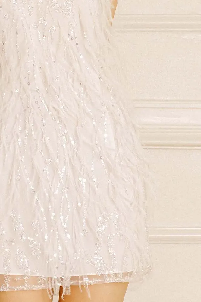 Storia Sequined Beaded Flowers and Feather Mini Dress