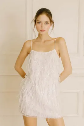 Storia Sequined Beaded Flowers and Feather Mini Dress