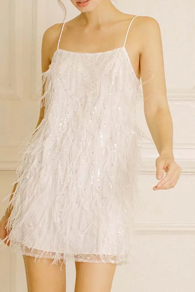 Storia Sequined Beaded Flowers and Feather Mini Dress