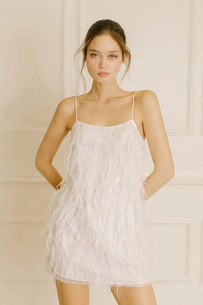 Storia Sequined Beaded Flowers and Feather Mini Dress