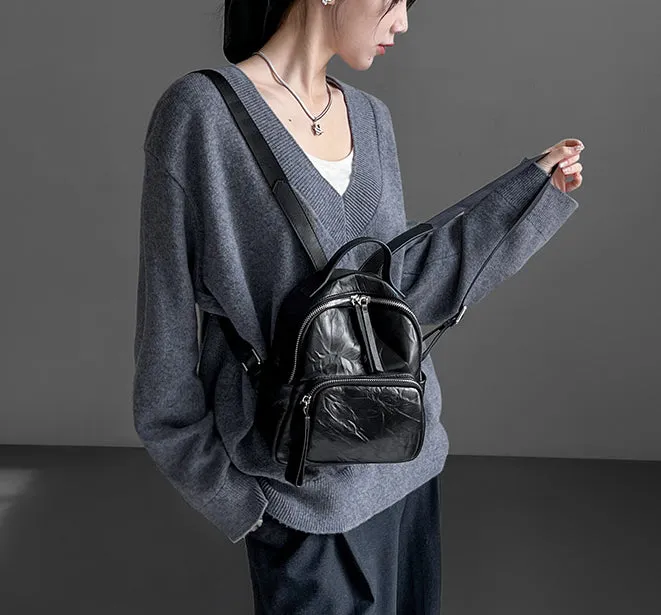 Stylish Women's Small Leather Backpack Purse Ladies Black Leather Rucksack Bag