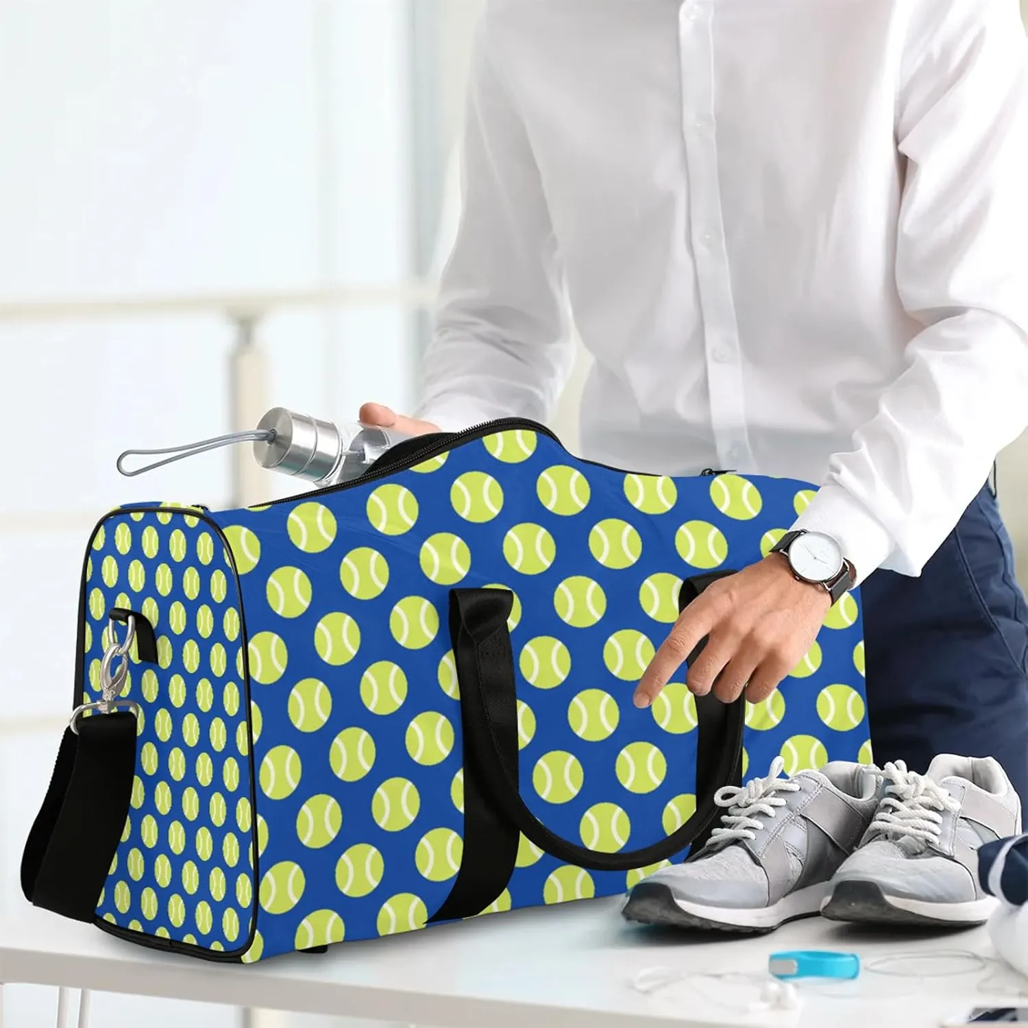 Tennis Ball Travel Duffle Bag, Weekender Bags for Women Men Sports Theme Navy Blue Carry on Overnight Bag Waterproof Gym Bags, Hospital Bag for Labor and Delivery