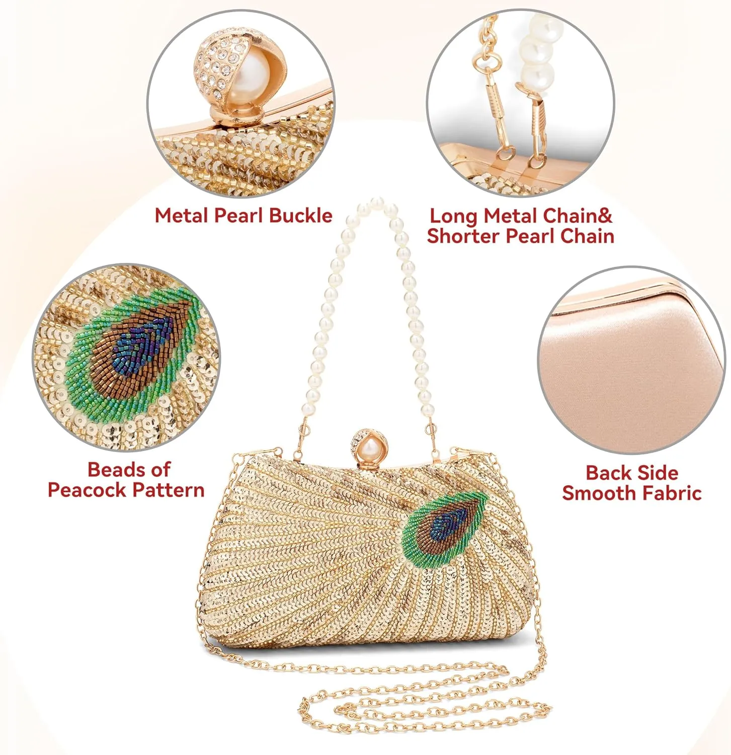 Tmore Beaded Peacock Clutch Purse Pearl Evening Bag Detachable Chain Sparkly Handbags for Wedding Prom Party