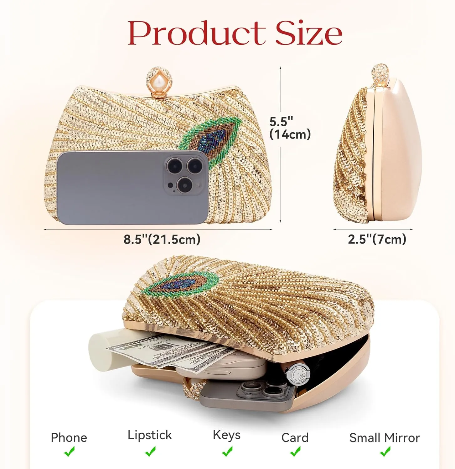 Tmore Beaded Peacock Clutch Purse Pearl Evening Bag Detachable Chain Sparkly Handbags for Wedding Prom Party