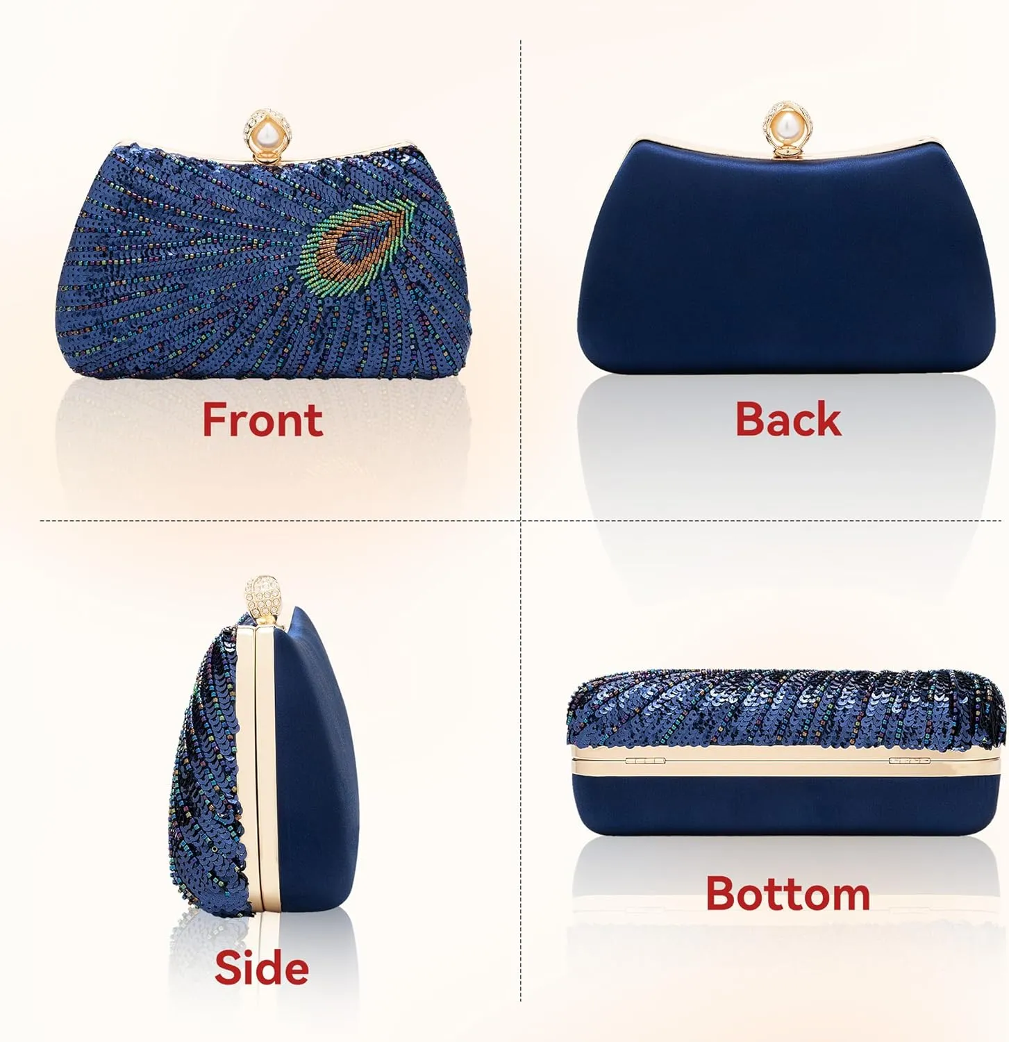 Tmore Beaded Peacock Clutch Purse Pearl Evening Bag Detachable Chain Sparkly Handbags for Wedding Prom Party