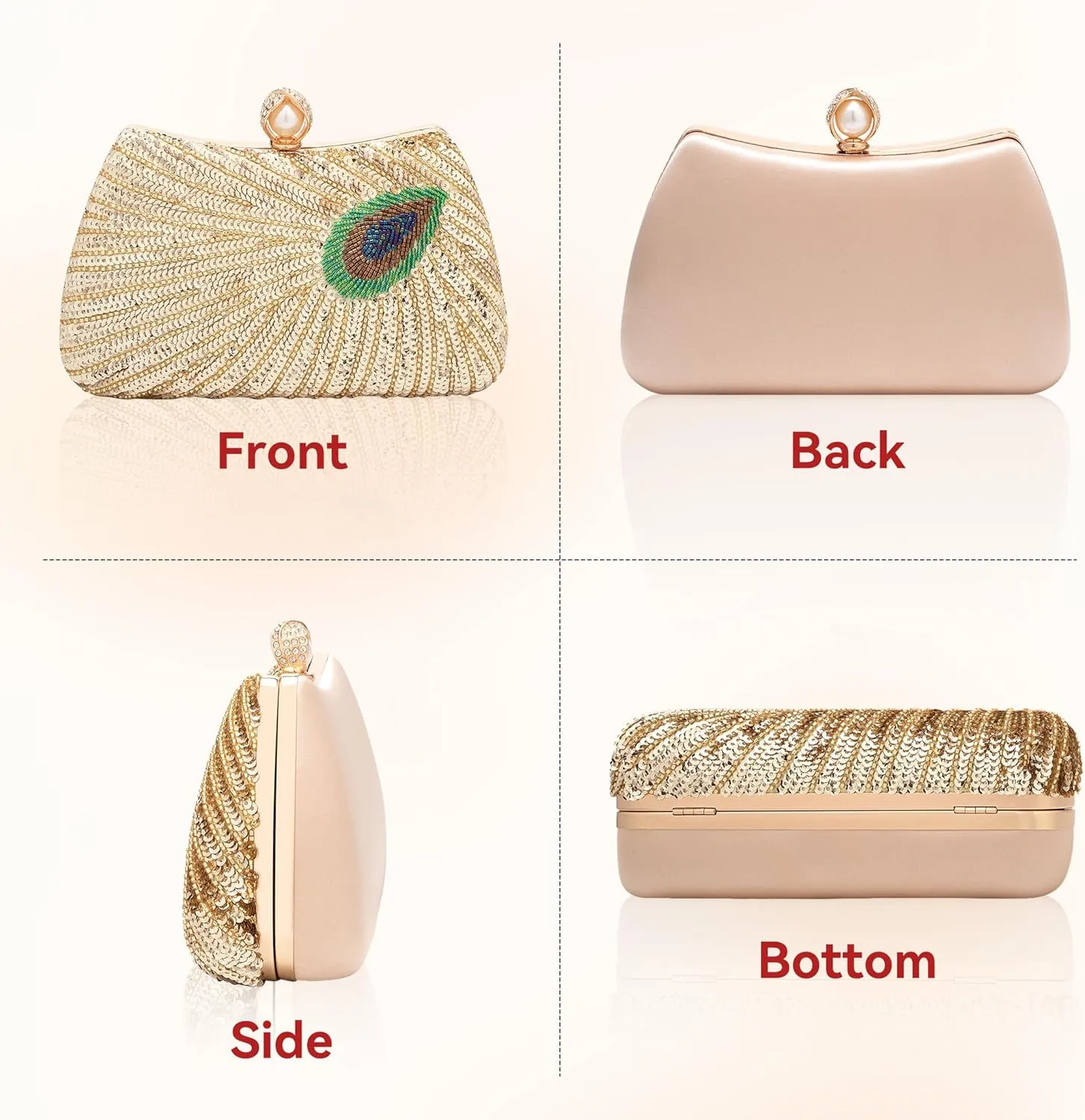 Tmore Beaded Peacock Clutch Purse Pearl Evening Bag Detachable Chain Sparkly Handbags for Wedding Prom Party
