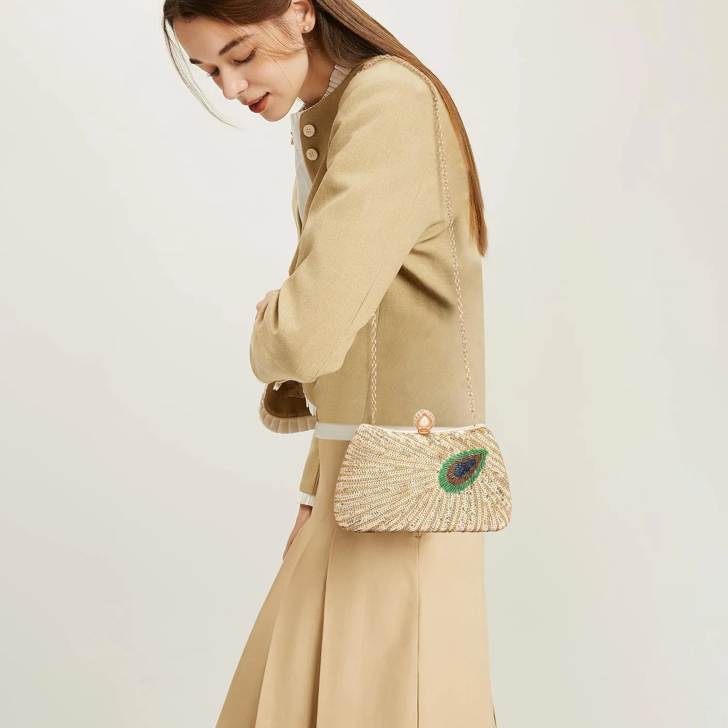 Tmore Beaded Peacock Clutch Purse Pearl Evening Bag Detachable Chain Sparkly Handbags for Wedding Prom Party