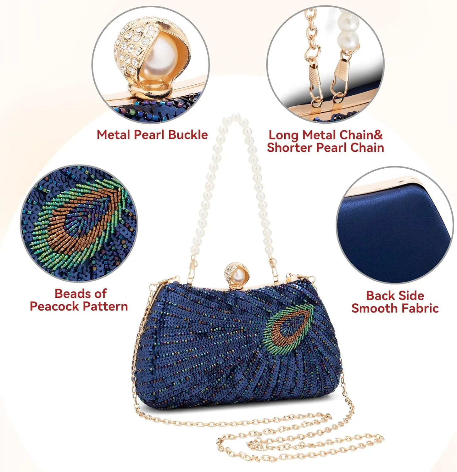 Tmore Beaded Peacock Clutch Purse Pearl Evening Bag Detachable Chain Sparkly Handbags for Wedding Prom Party