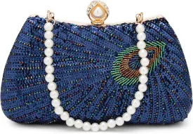 Tmore Beaded Peacock Clutch Purse Pearl Evening Bag Detachable Chain Sparkly Handbags for Wedding Prom Party