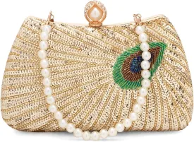 Tmore Beaded Peacock Clutch Purse Pearl Evening Bag Detachable Chain Sparkly Handbags for Wedding Prom Party