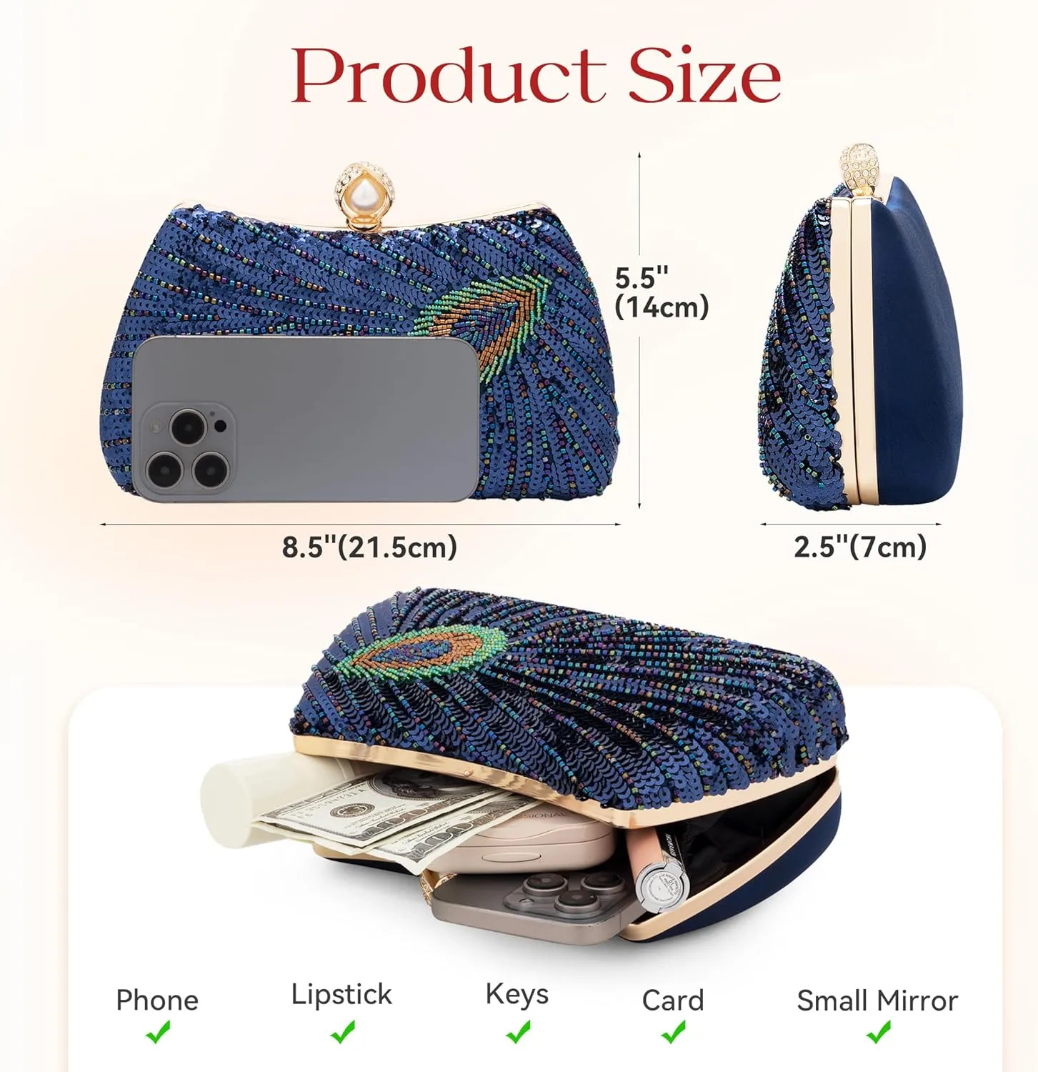Tmore Beaded Peacock Clutch Purse Pearl Evening Bag Detachable Chain Sparkly Handbags for Wedding Prom Party