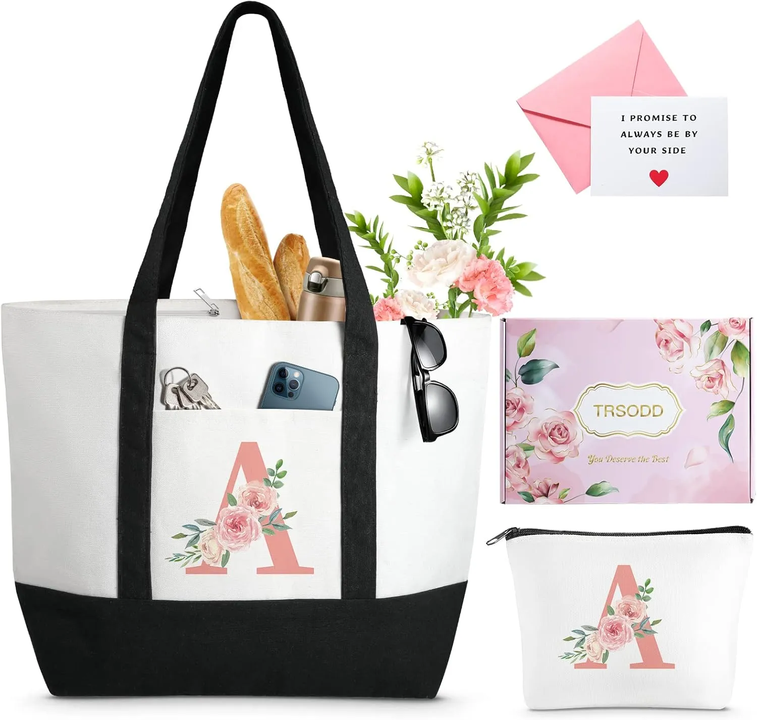 TRSODD Birthday Gifts for Women Mothers Day Gifts for Mom Wife Grandma Daughter Sister Teacher Appreciation Large Tote Bag and Makeup Bag A