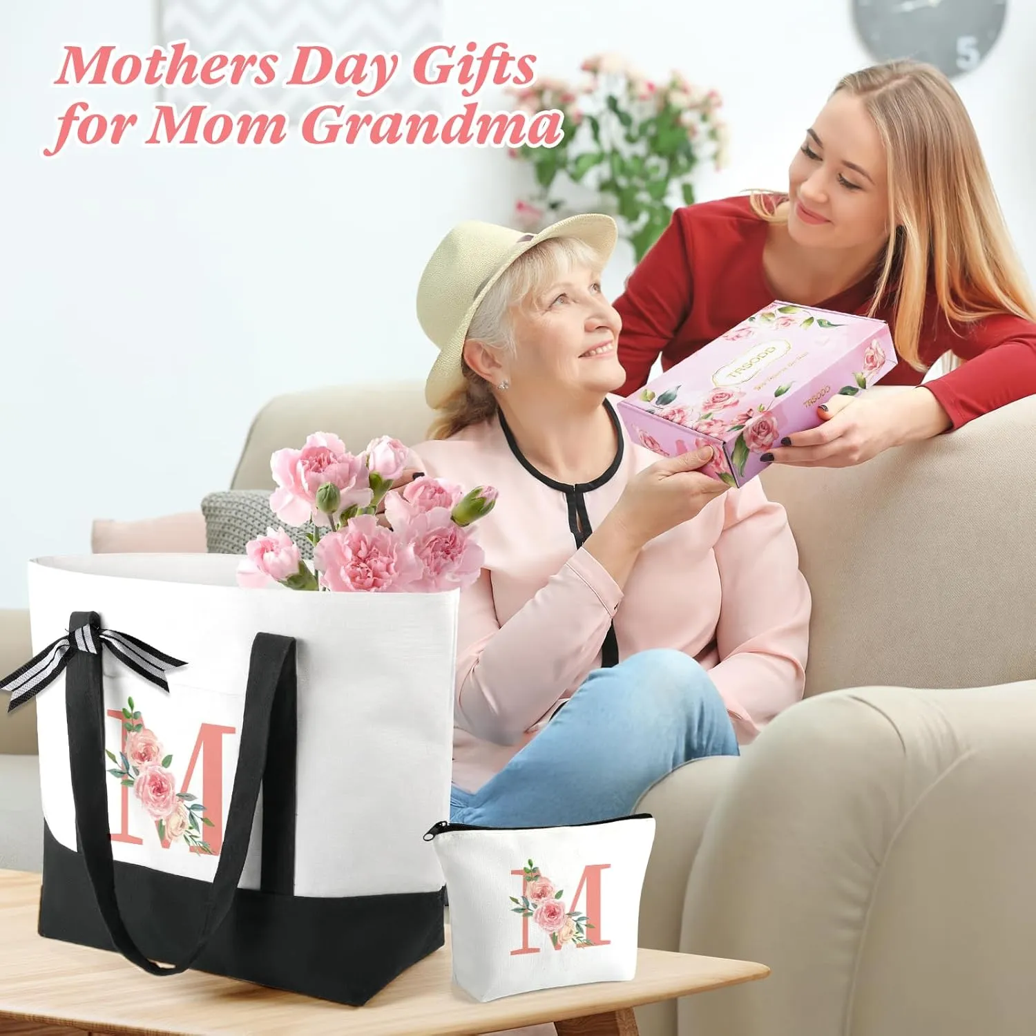 TRSODD Birthday Gifts for Women Mothers Day Gifts for Mom Wife Grandma Daughter Sister Teacher Appreciation Large Tote Bag and Makeup Bag A