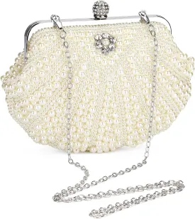 UBORSE Women Pearl Clutch Bag Noble Crystal Beaded Evening Bag Wedding Clutch with Pearl Chain
