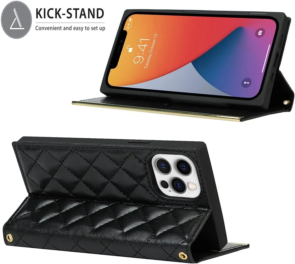 Wallet Case Apply to iPhone 12 mini,Luxury Fashion Flip Purse Leather Bag with Card Slots Crossbody Chain Shoulder Strap with Mirror Bracket Shockproof Protector (iPhone 12 mini, Black)