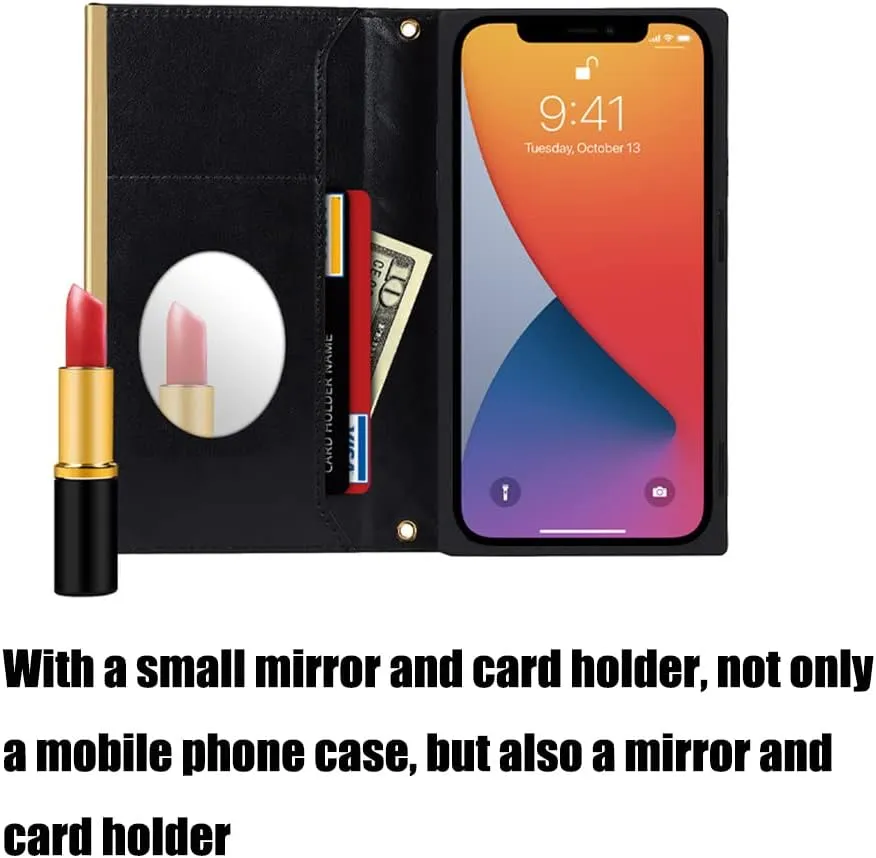 Wallet Case Apply to iPhone 12 mini,Luxury Fashion Flip Purse Leather Bag with Card Slots Crossbody Chain Shoulder Strap with Mirror Bracket Shockproof Protector (iPhone 12 mini, Black)