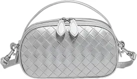 Women's Genuine Leather Crossbody Bag - Small Adjustable Strap Woven Purse, Multi-Pocket Handbag for Everyday Use