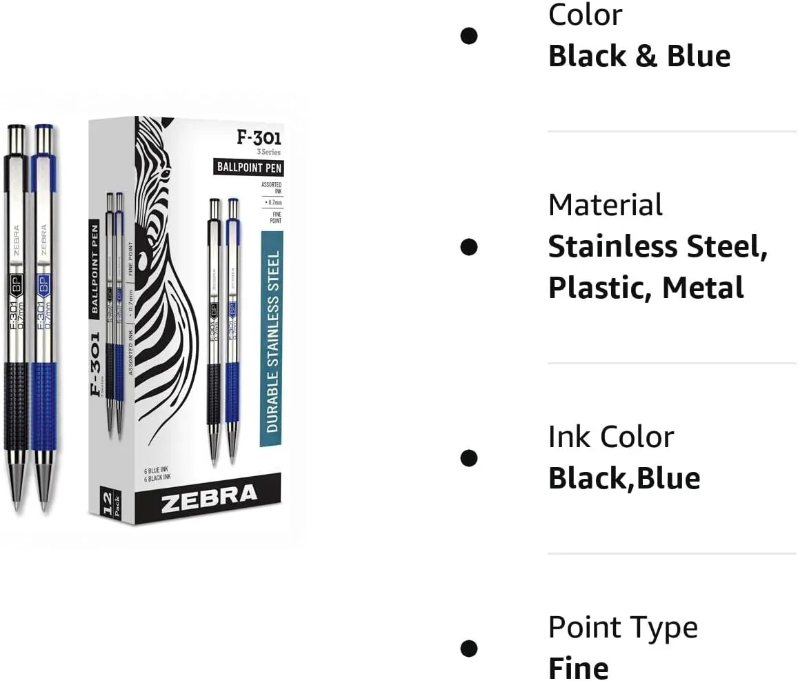 Zebra F-301 Retractable Ballpoint Pen, Stainless Steel Barrel, 0.7mm Fine Point, Black/Blue Ink, 12-count