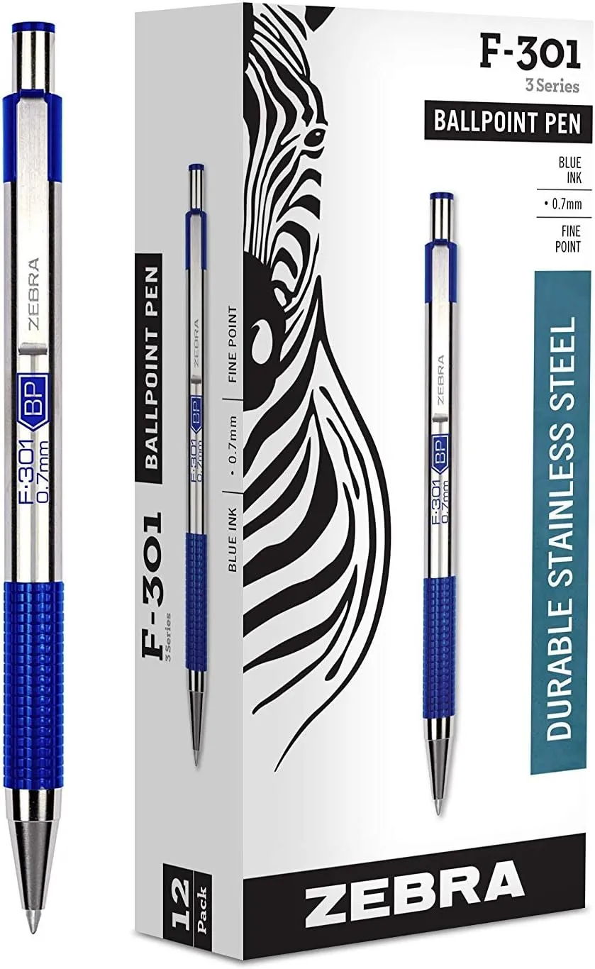 Zebra F-301 Retractable Ballpoint Pen, Stainless Steel Barrel, 0.7mm Fine Point, Black/Blue Ink, 12-count