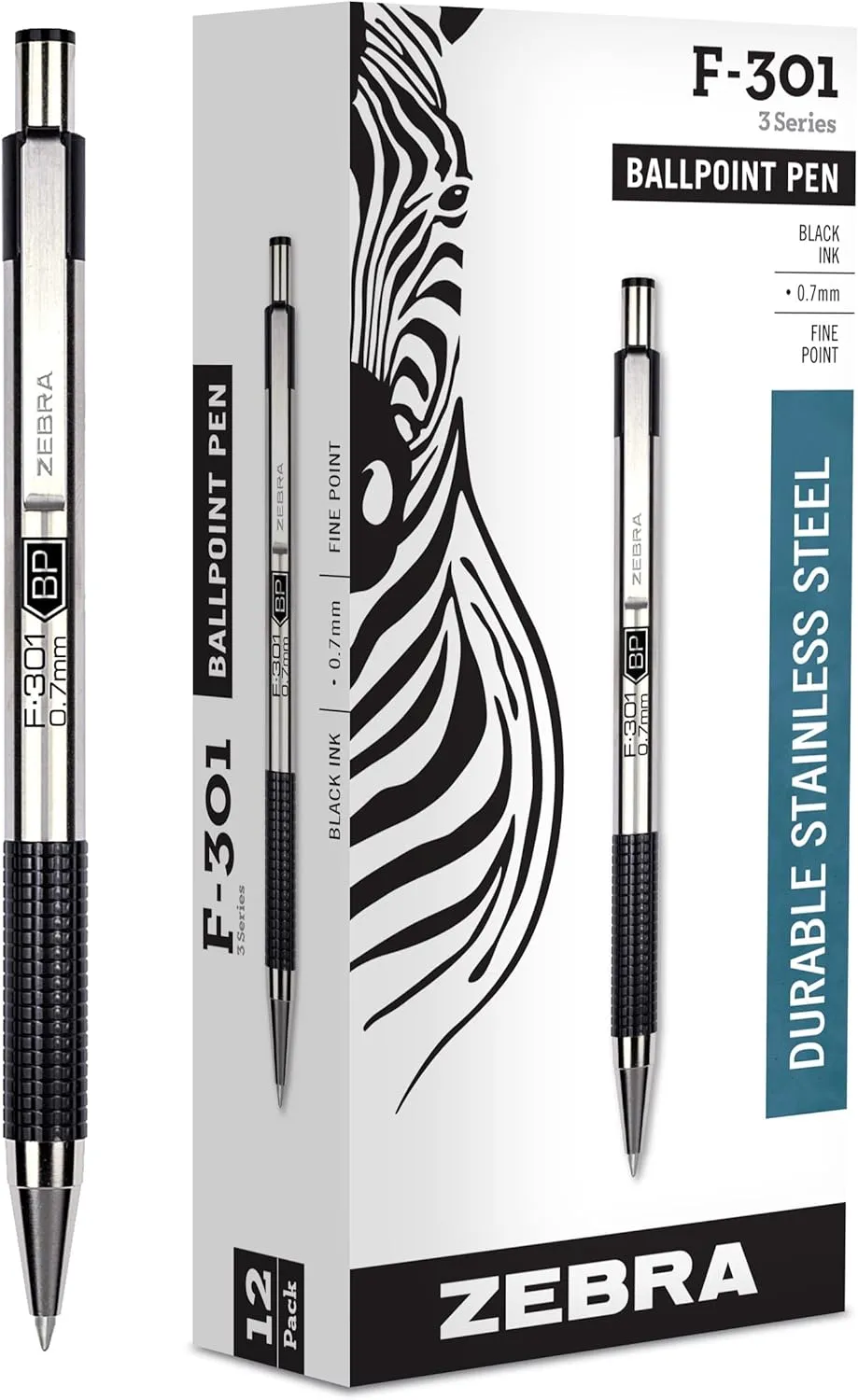 Zebra F-301 Retractable Ballpoint Pen, Stainless Steel Barrel, 0.7mm Fine Point, Black/Blue Ink, 12-count