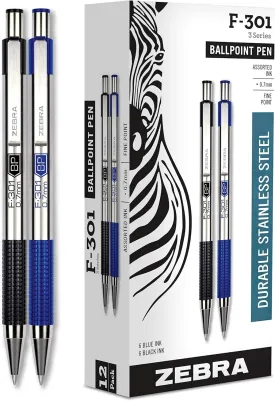 Zebra F-301 Retractable Ballpoint Pen, Stainless Steel Barrel, 0.7mm Fine Point, Black/Blue Ink, 12-count