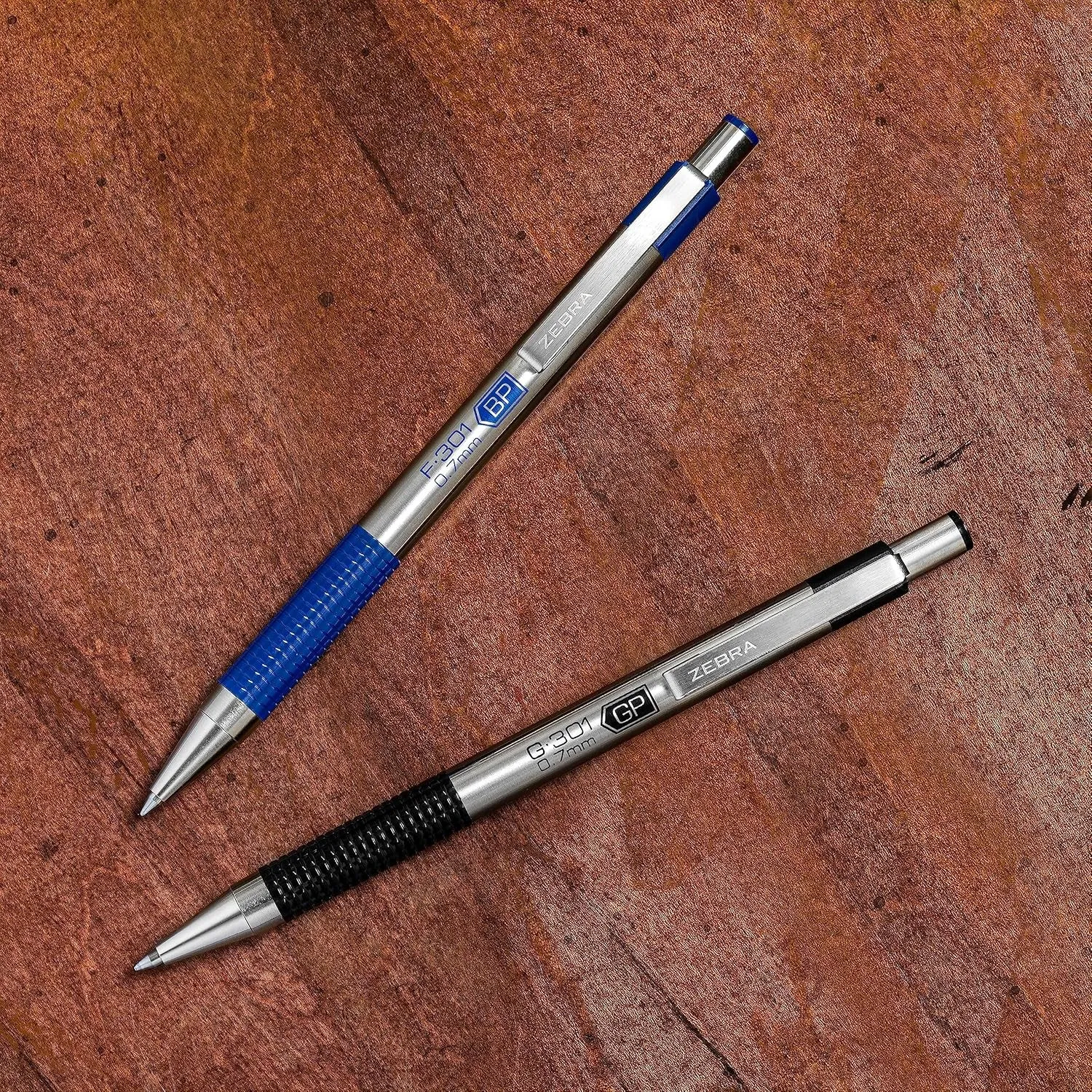 Zebra® F-301 Stainless Steel Retractable Ballpoint Pens, Fine Point, 0.7 Mm, Stainless Steel Barrel, Blue Ink, Pack of 2