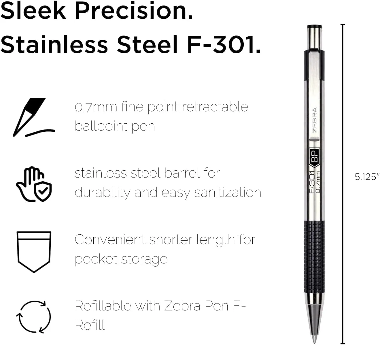 Zebra® F-301 Stainless Steel Retractable Ballpoint Pens, Fine Point, 0.7 Mm, Stainless Steel Barrel, Blue Ink, Pack of 2
