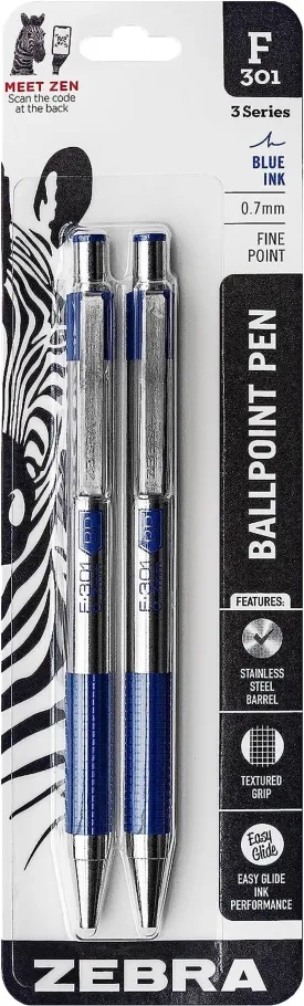 Zebra® F-301 Stainless Steel Retractable Ballpoint Pens, Fine Point, 0.7 Mm, Stainless Steel Barrel, Blue Ink, Pack of 2